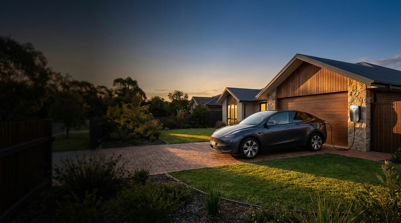 Modern Australian home with EV charging at dusk